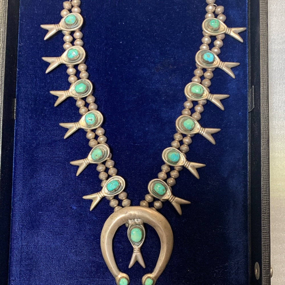 Sterling Silver & Turquoise Squash Blossom Navajo Necklace Vintage